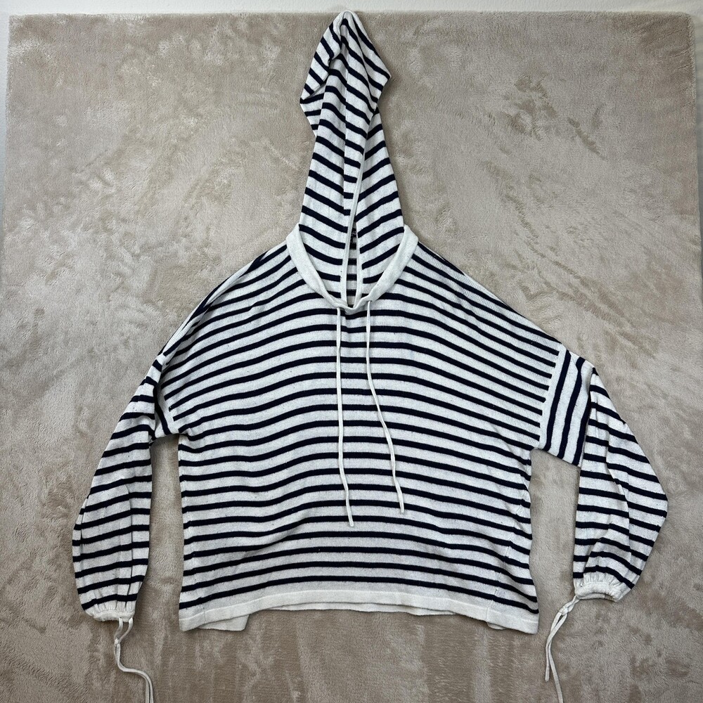 Splendid Sweater Womens Small White Black Stripe Hooded Pullover Knit Drawstring
